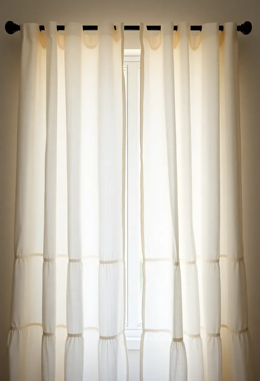 Ruffled linen curtains with tie-backs in soft white shabby chic bedroom