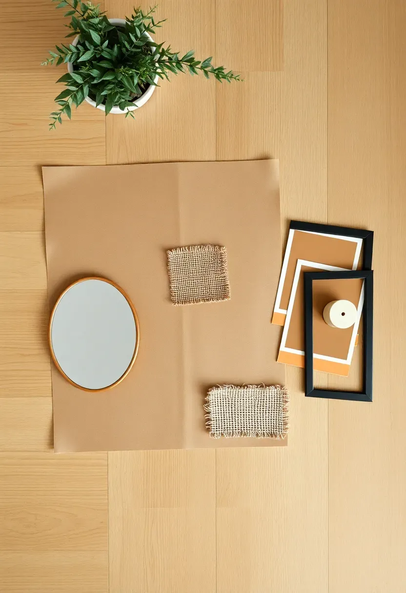 Mood board flat lay with different wall decor approaches — gallery wall sketch, large single mirror, tapestry swatch, and shelf concept