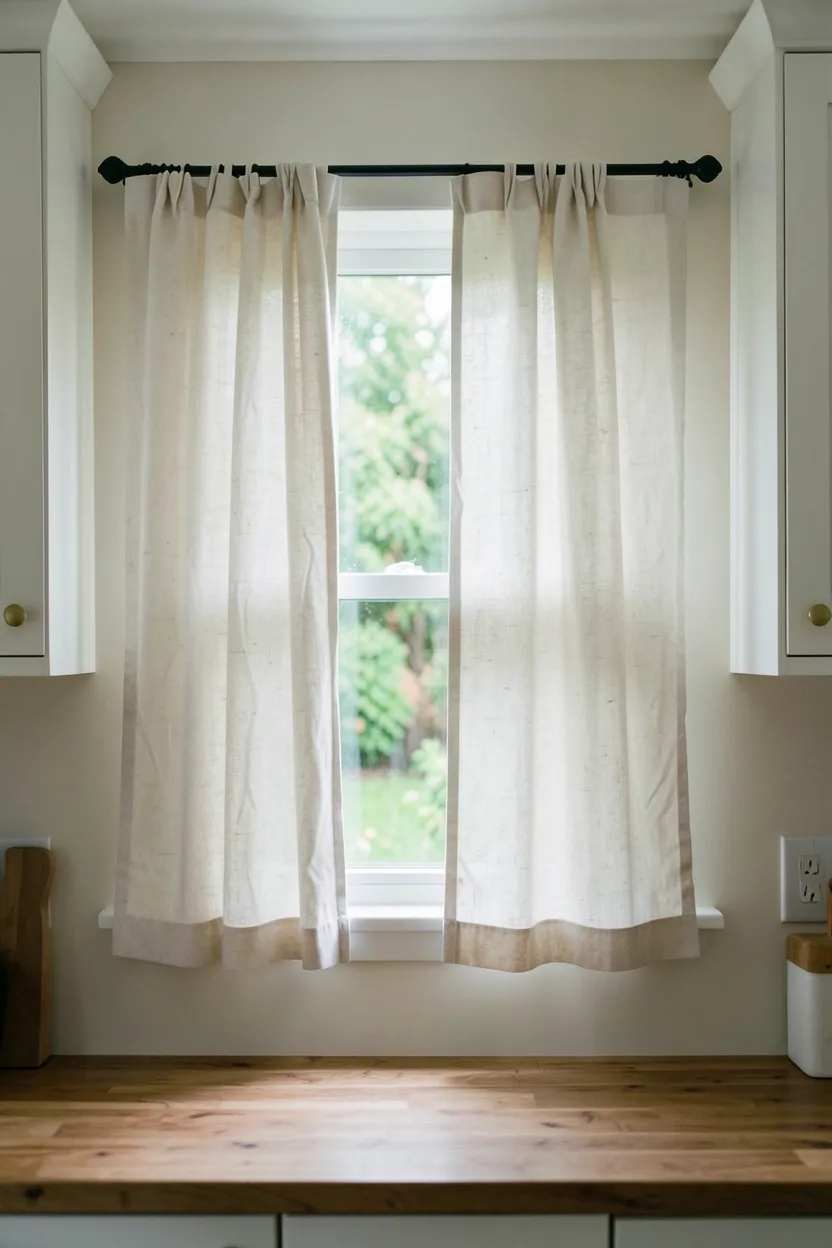 Hyper-realistic eye-level photograph of linen curtains on kitchen windows. Natural linen curtains in creamy white with visible slub texture and slight irregularity in weave, hanging from simple black iron rod. Curtains partially covering window, allowing soft diffused natural light to filter through fabric. Through window, glimpses of green garden visible. Creamy white walls, white shaker cabinets with brass pulls visible on either side of window. Butcher block counter with small prep area below. Materials: natural linen, wrought iron, painted wood, walnut. Soft elegant cottage mood. Visible kitchen context - wall space around window, cabinets flanking, counter below. Slight natural wrinkling in linen from humidity showing authentic material. No text, no logos, no watermarks.</p>