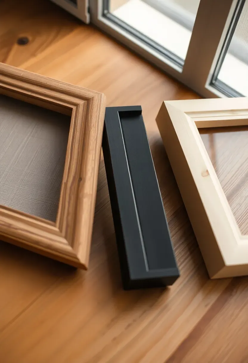Close-up of four picture frames with different finishes laid side by side — raw oak, matte black, antique brass, and white — showing intentional mix of materials on a warm surface