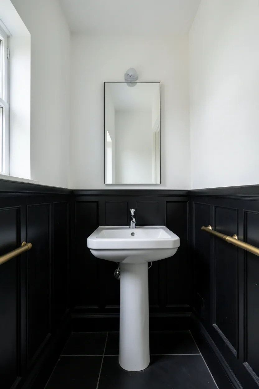 Hyper-realistic eye-level photograph of a modern black bathroom with black painted wood wainscoting paneling on lower walls, white paint on upper walls, white pedestal sink, chrome faucet, brass towel rail. Natural light. Materials: matte black painted wood paneling, white plaster, white ceramic, brass rail. Dramatic black wainscoting. Architectural panel details. No text, no logos, no watermarks.</p>