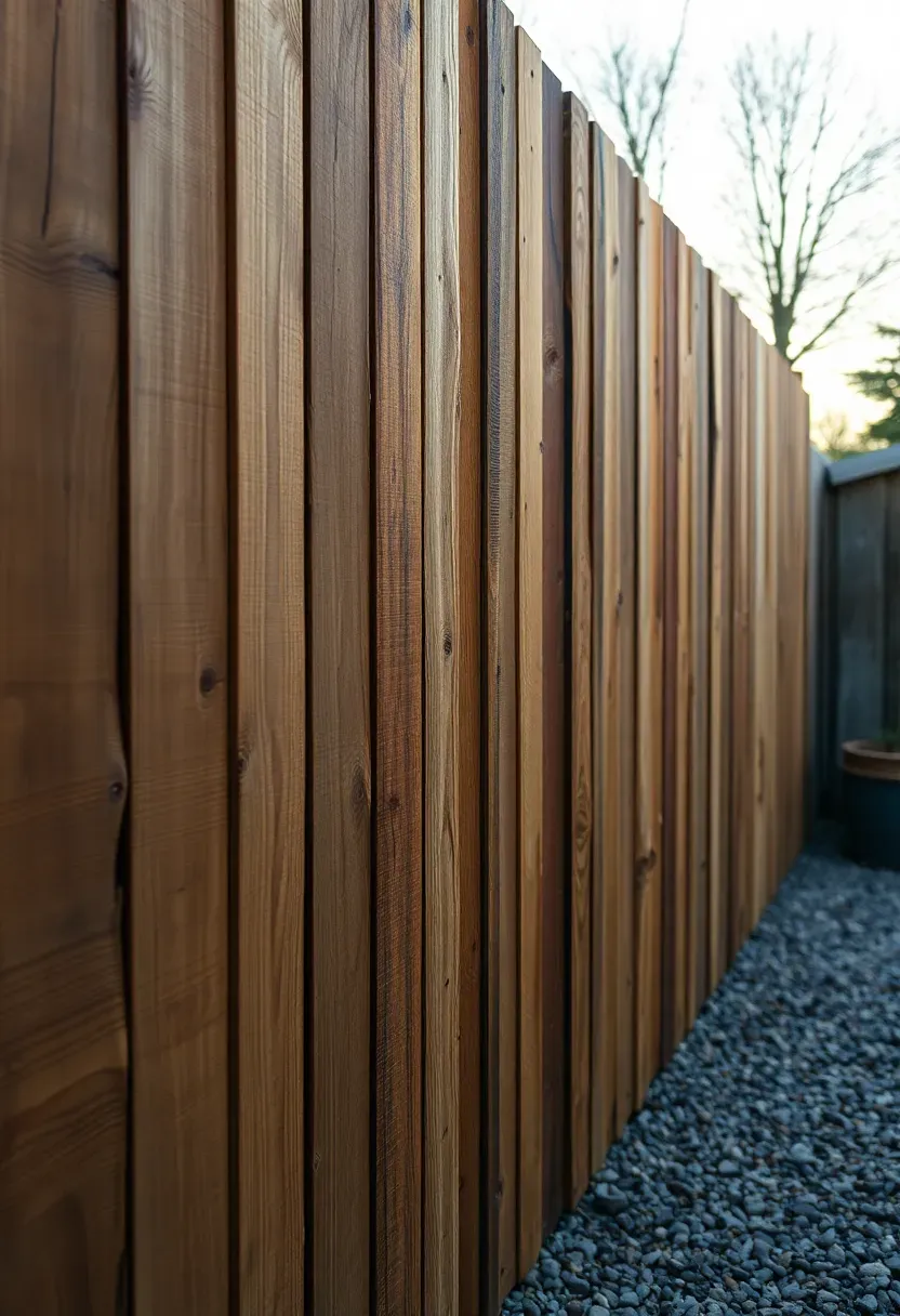DIY pallet wood privacy fence with dismantled pallet boards arranged vertically and stained a warm brown tone