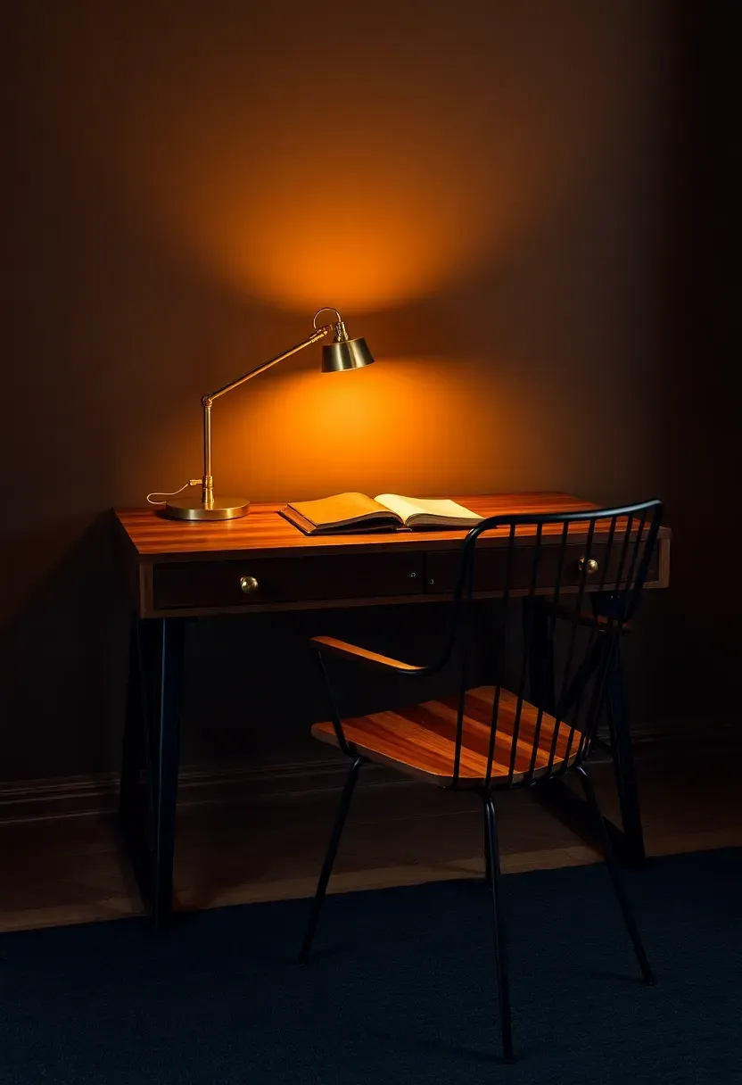 home office with espresso brown painted walls dark wood desk and warm task lighting