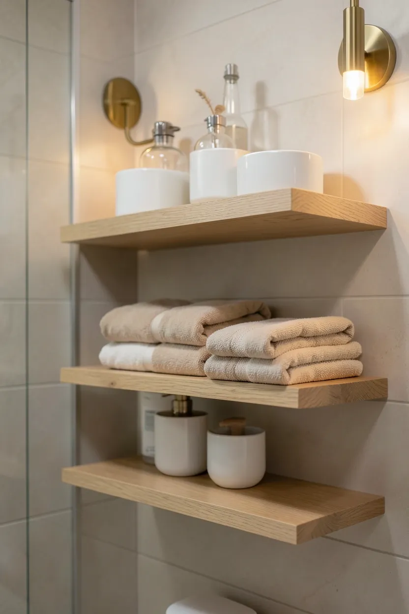 Floating wood open shelves in a bathroom styled with folded white towels and ceramic containers
