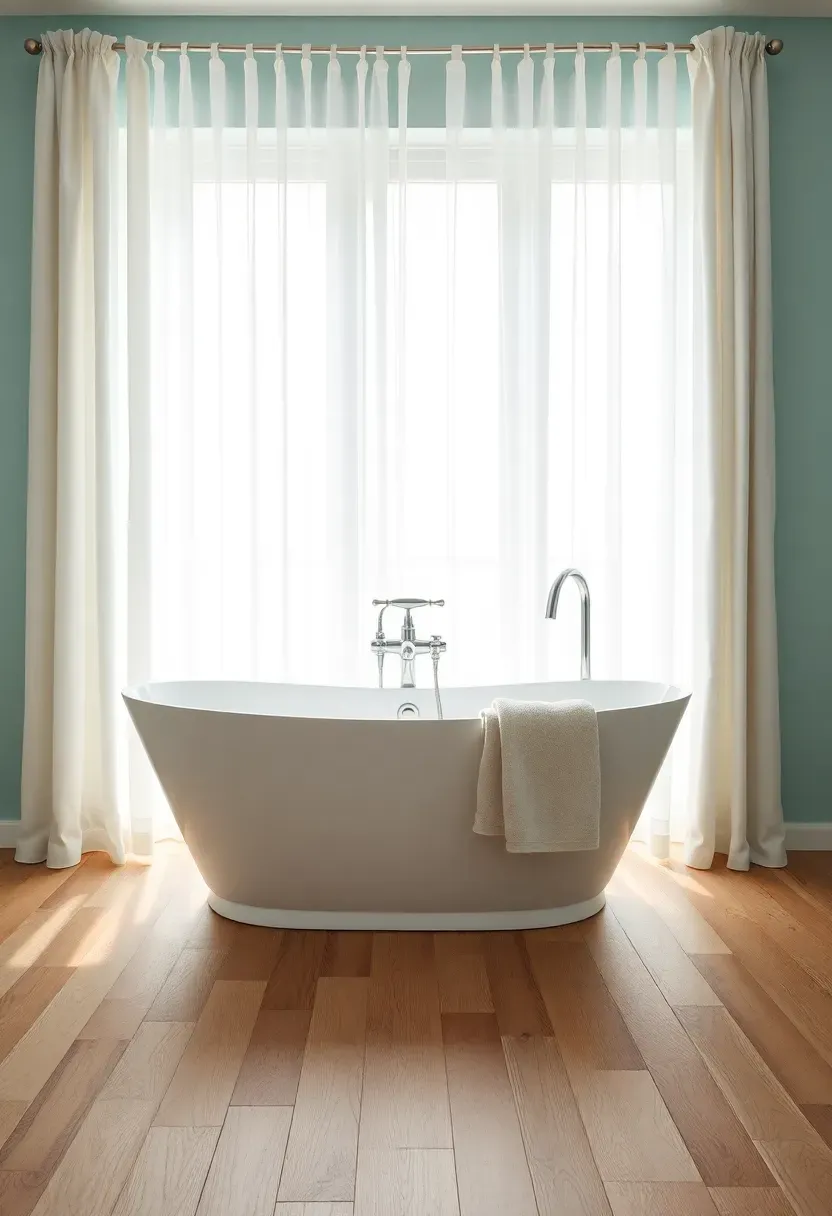 Spacious bathroom with a freestanding soaking tub in front of a large window with sheer white curtains, pale aqua walls, and wide plank white oak flooring