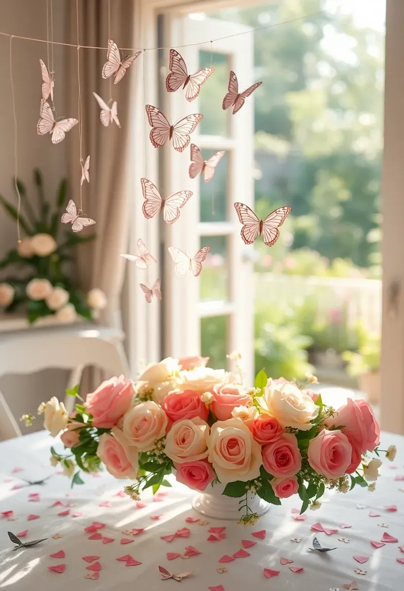 butterfly garden party baby shower with paper butterflies and floral decorations