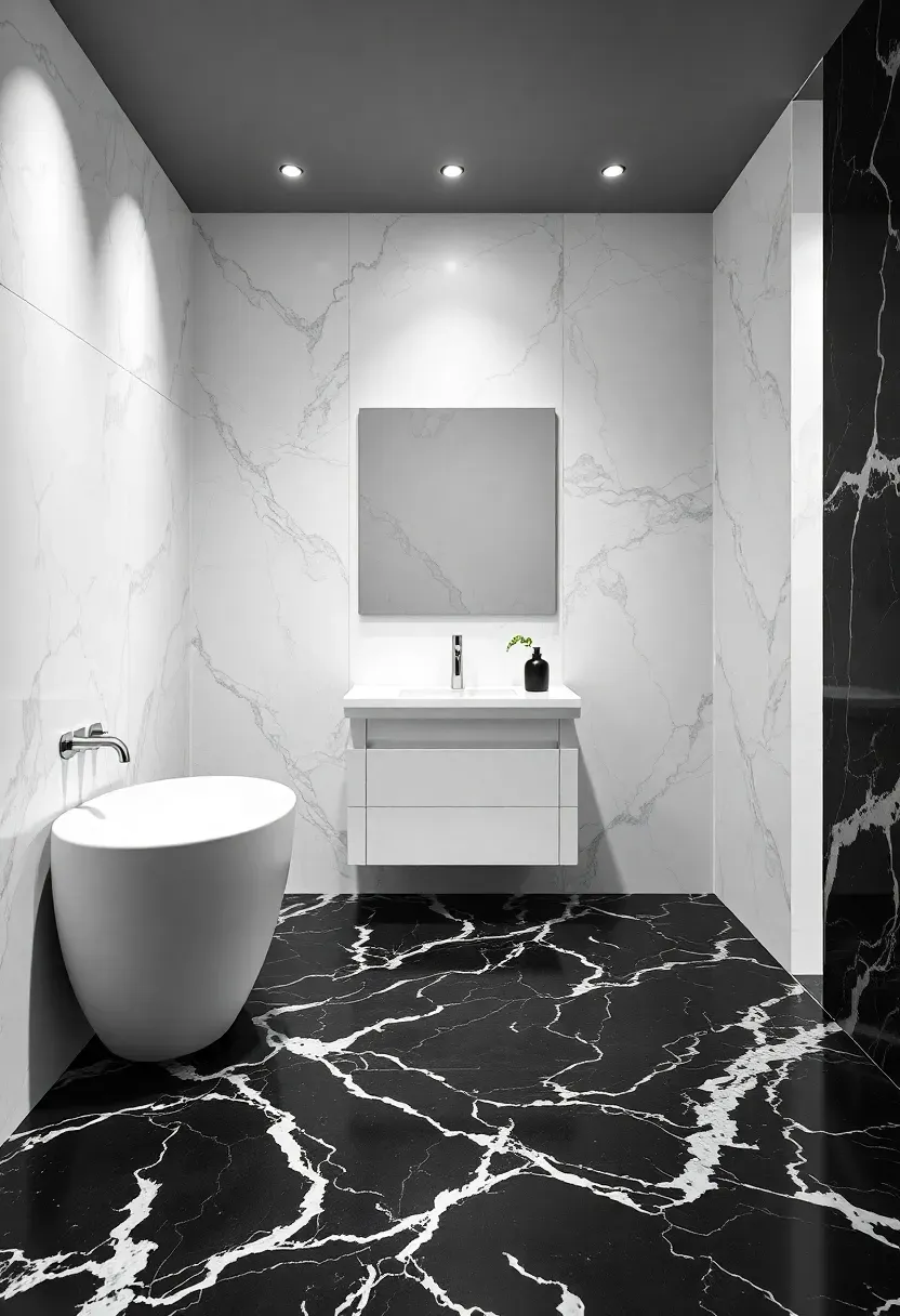 Sophisticated bathroom combining two-tone marble with contrasting light and dark stone surfaces