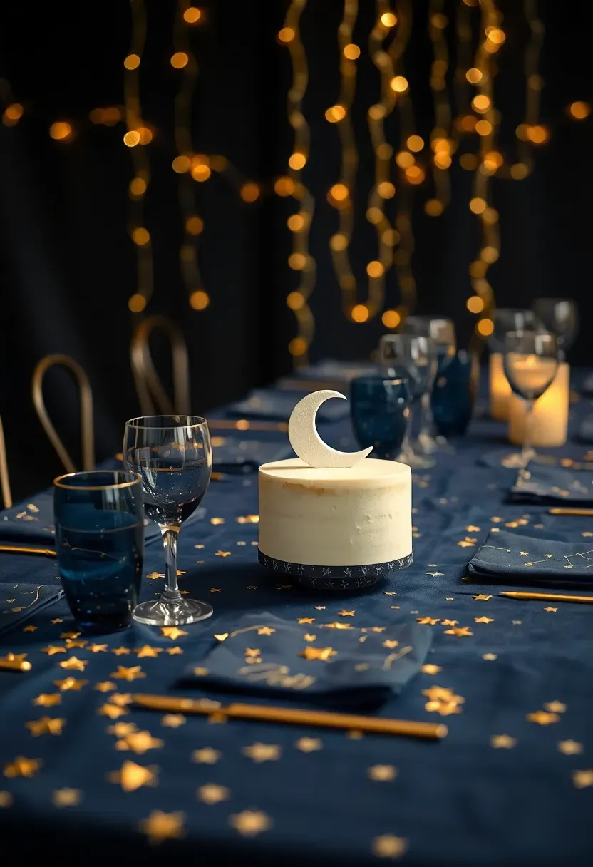 celestial starry night baby shower theme with navy and gold decor, crescent moon backdrop, star garlands, and constellation-printed tablecloths