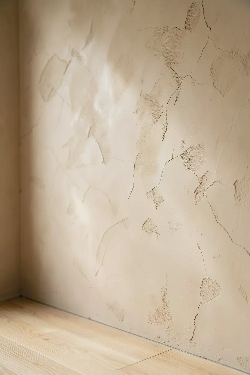Minimalist solid oak nightstand with visible grain and simple ceramic lamp in a wabi sabi bedroom