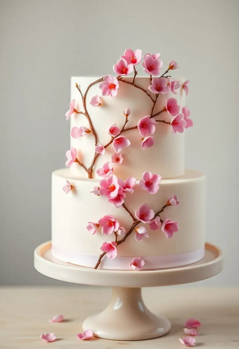 delicate cherry blossom baby shower cake with hand-painted pink blossoms and fondant petals cascading down a soft white two-tier cake
