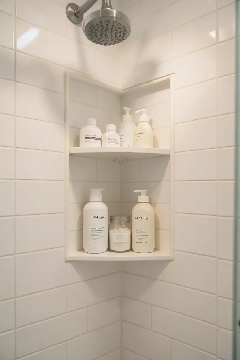Recessed tile shower niche built into the wall holding shampoo bottles in a compact bathroom