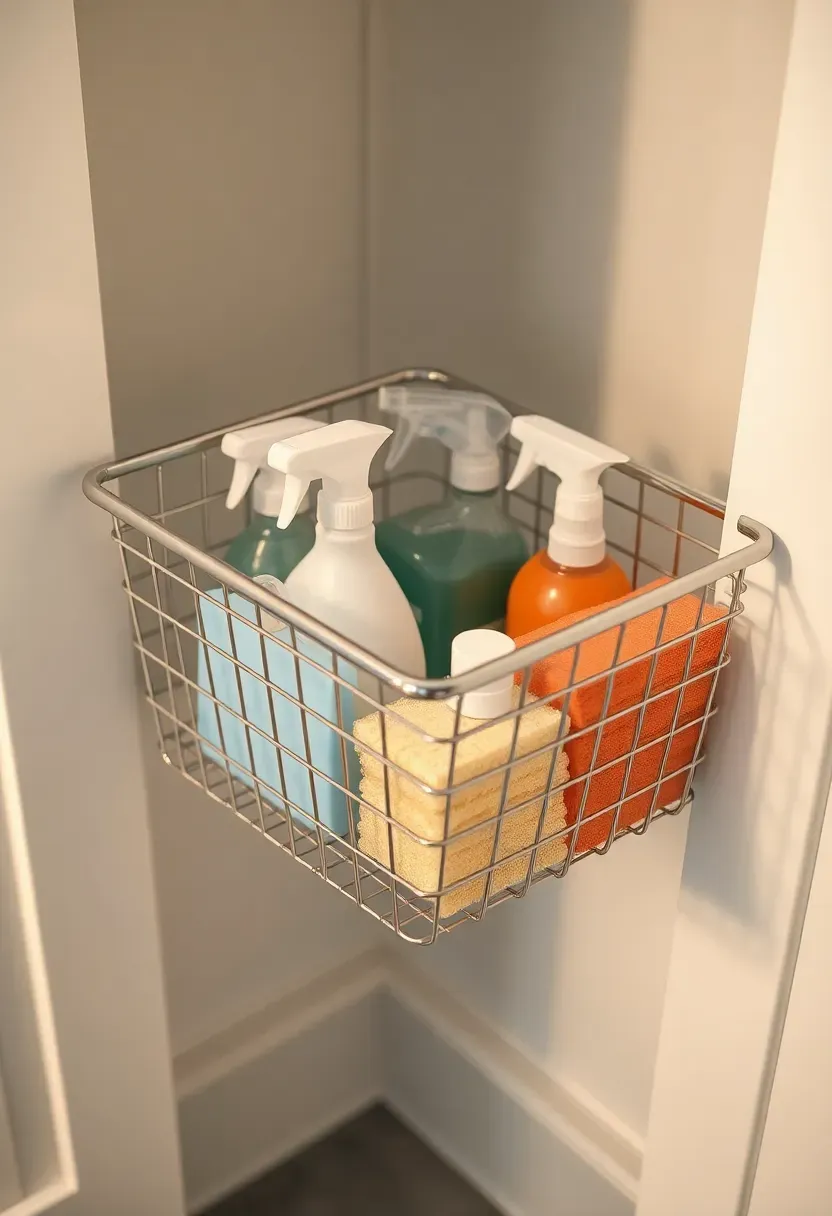 Pull-out wire basket drawer installed inside a bathroom closet with neatly sorted cleaning supplies