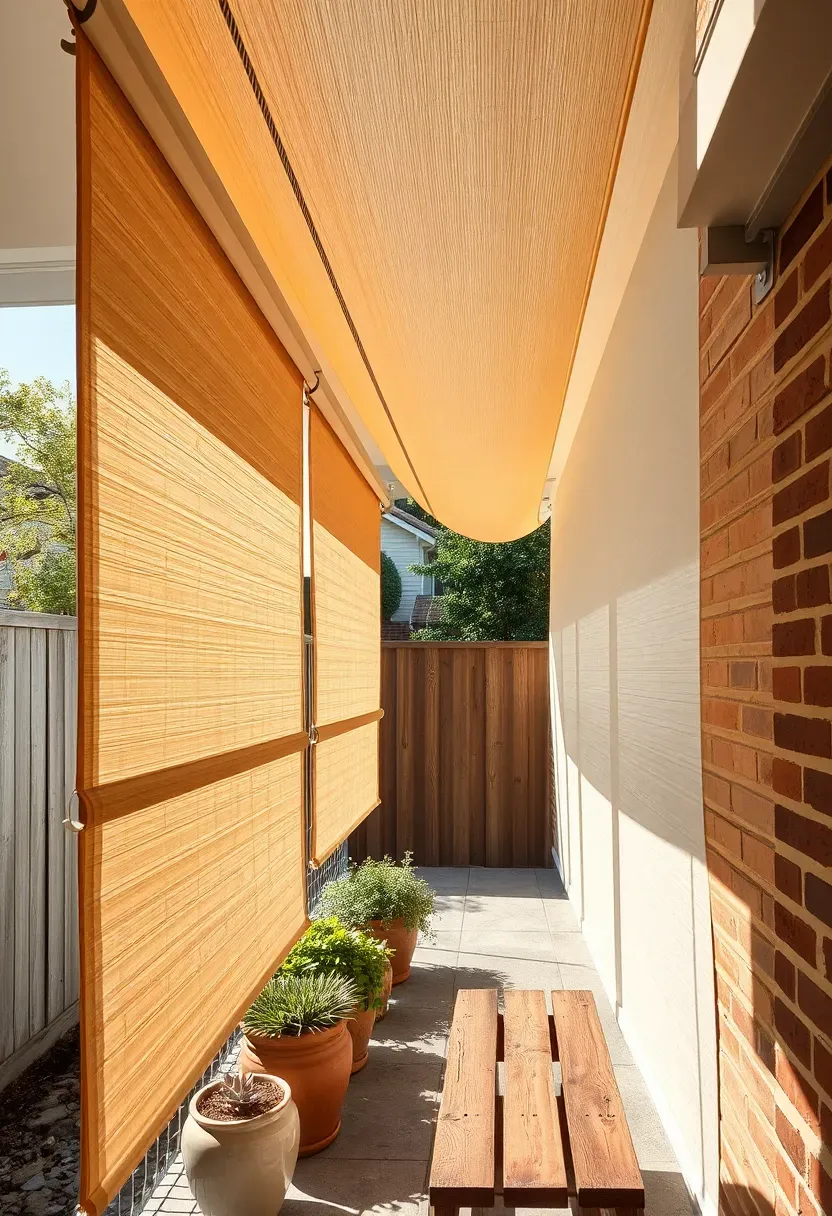 Sliding fabric shade panels mounted on overhead wire tracks over a long narrow backyard patio, with some panels open and some closed creating a pattern of light and shadow