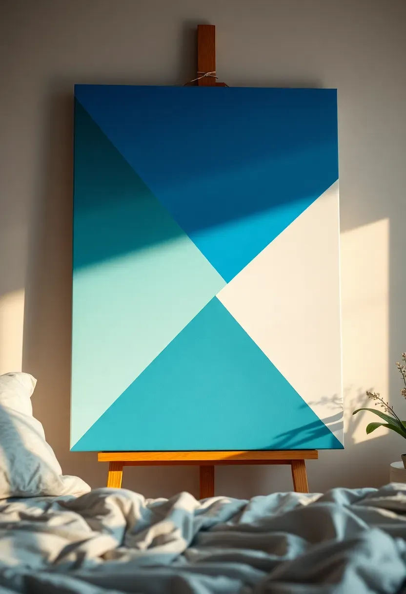DIY abstract geometric canvas painting with painter tape triangles in navy, blush, and gold for a teen room wall