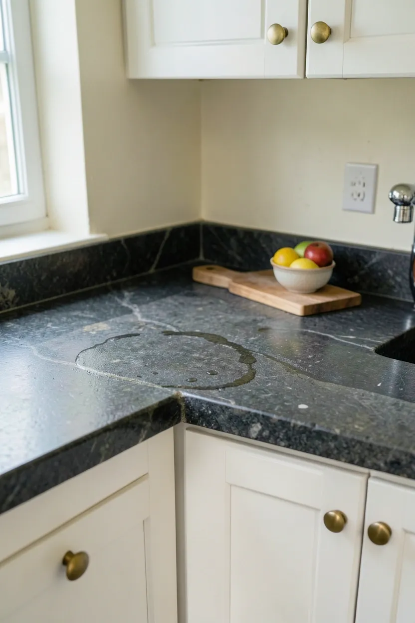Hyper-realistic eye-level close-up of honed soapstone countertop in a cottage kitchen. Dark gray soapstone with subtle natural veining and visible honed matte finish. Small water ring visible from recent glass, slight patina developing in areas of frequent use. White shaker cabinets below, brass pulls visible. Creamy white walls, natural light from window on left casting soft shadows highlighting stone texture. Small cutting board and fruit bowl on counter showing daily use. Materials: honed soapstone, painted white wood, brass. Earthy authentic rustic mood. Visible kitchen context - cabinets below, wall above, faucet with slight water spots. Natural patina and wear patterns visible throughout surface. No text, no logos, no watermarks.</p>
