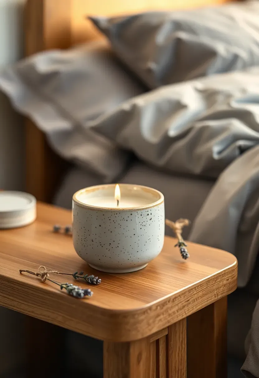 Side table with a scented candle in a ceramic vessel and dried lavender bundle