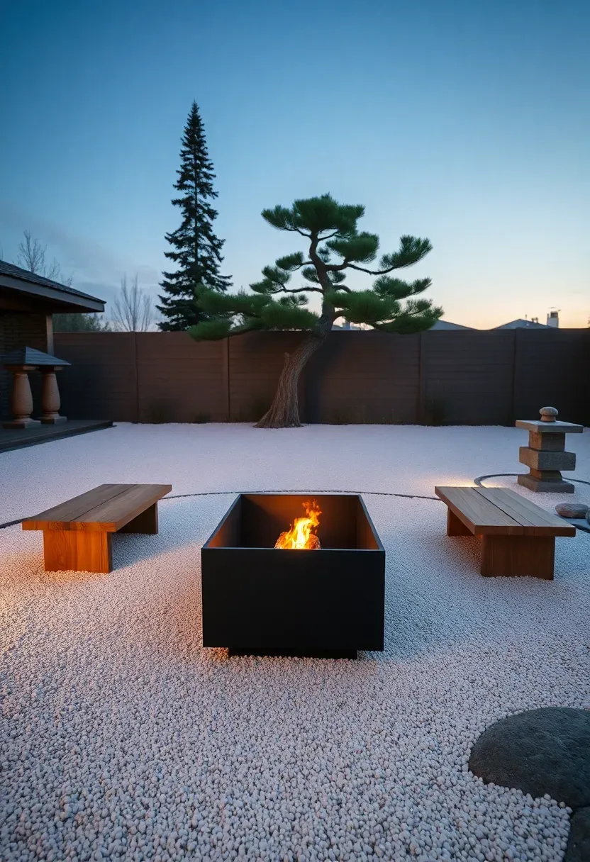 Japanese-inspired backyard fire pit garden at twilight with matte black steel fire vessel on raked gravel, hinoki wood seats, and stone lantern