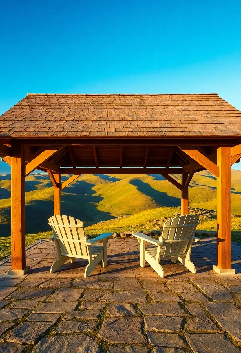 A symmetrical gable roof pavilion with exposed rafter tails and a cedar shingle roof, set on a flagstone patio with Adirondack chairs and a view of rolling hills beyond