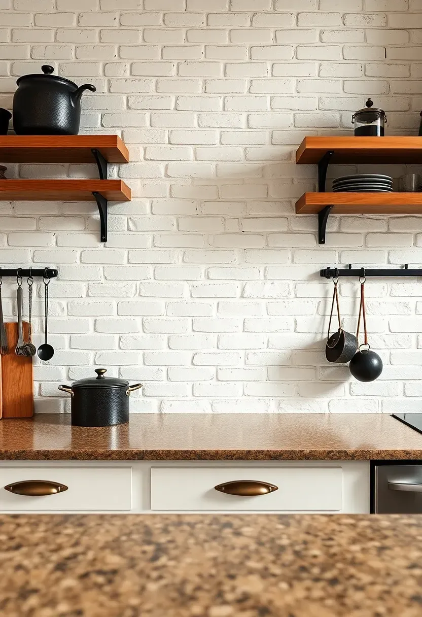 white painted brick backsplash in a farmhouse kitchen with fantasy brown granite countertops and open wood shelving