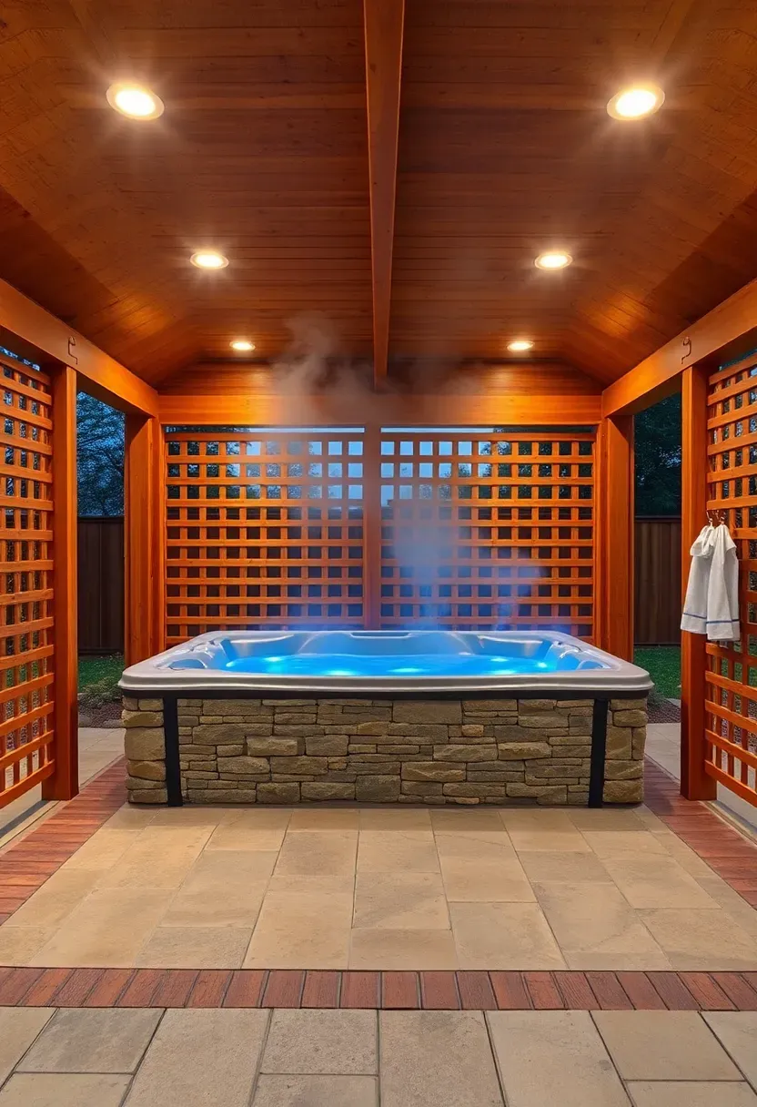 A backyard pavilion sheltering a large built-in hot tub with stone surround, privacy lattice panels on two sides, recessed lighting in the ceiling, and steam rising in cool evening air