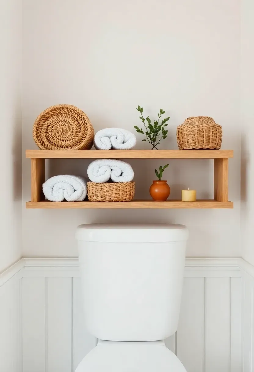Floating wooden shelf installed above a toilet holding folded towels small plant and three woven storage baskets