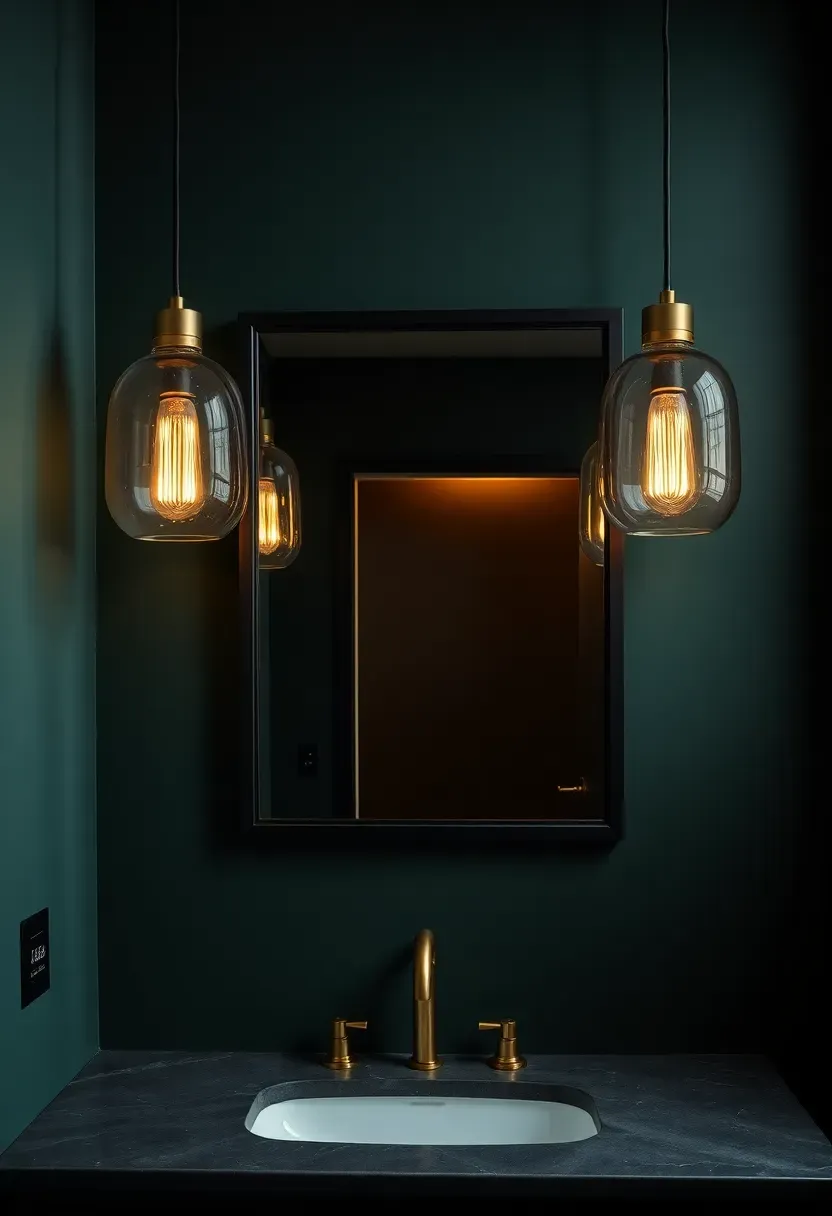 Pair of smoked gray glass pendant lights flanking a black-framed mirror in a moody bathroom with deep green walls