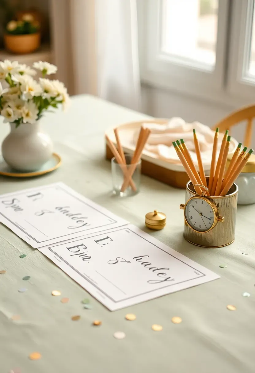 guests writing baby items on notepads in an alphabet race at a pastel decorated shower