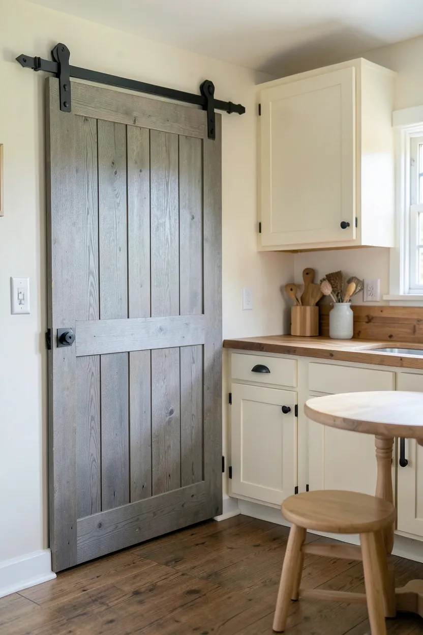 Weathered wood sliding barn door leading to a cottage kitchen pantry — space-saving and rustic design detail