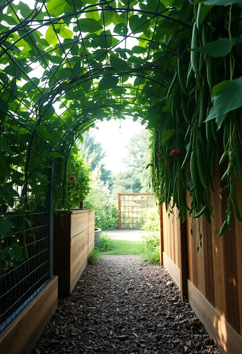 Arched cattle panel trellis covered with climbing bean vines and squash creating a green tunnel in a vegetable garden