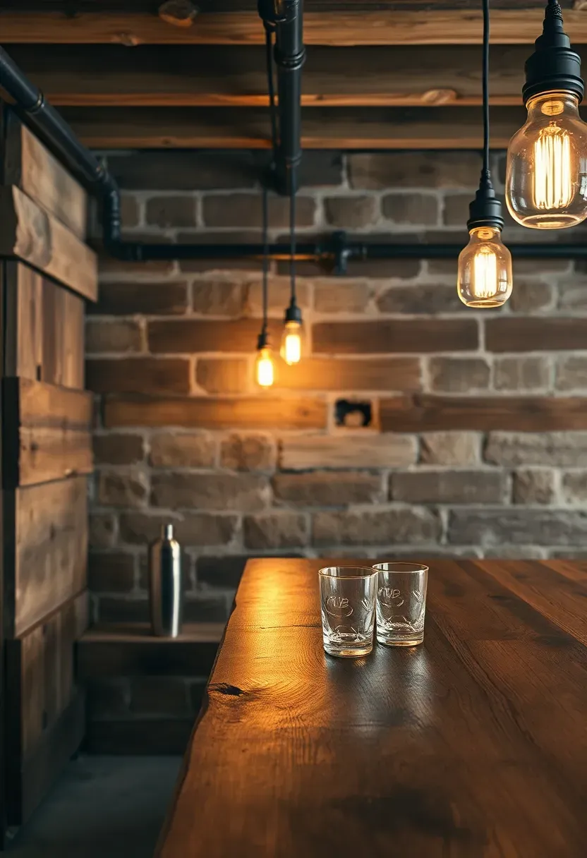 rustic reclaimed wood basement bar with rough-hewn planks iron pipe supports and mason jar pendant lights
