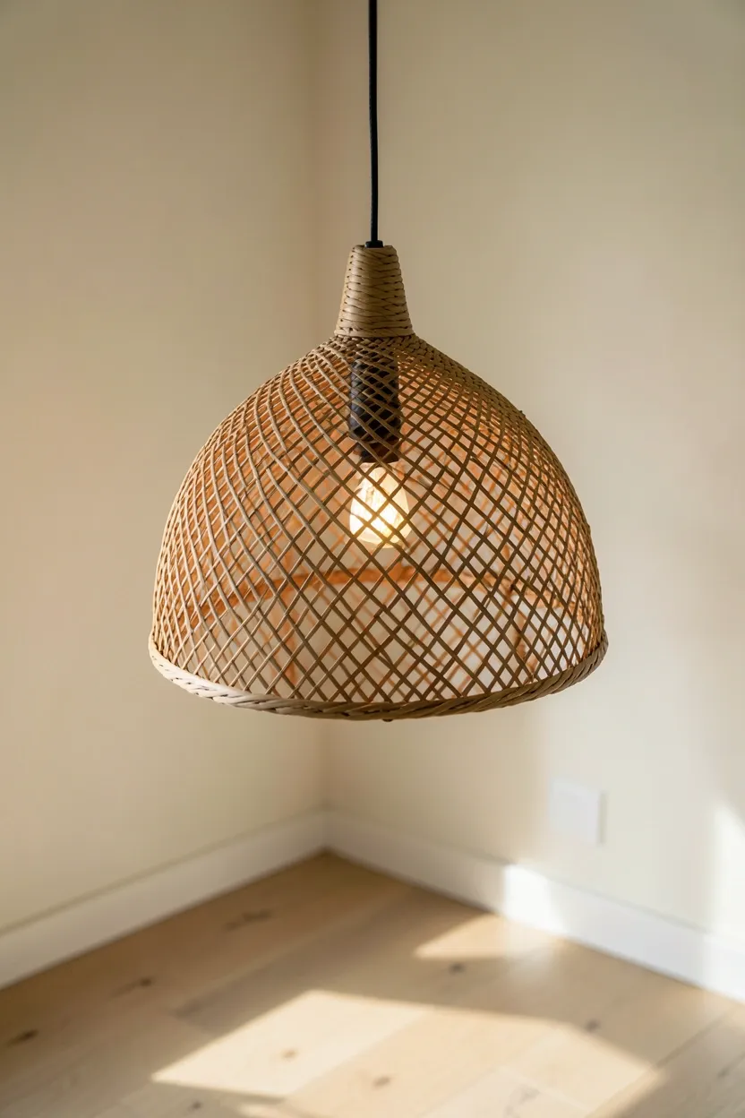 Rattan pendant light casting warm shadows in a minimalist apartment dining area with wood table