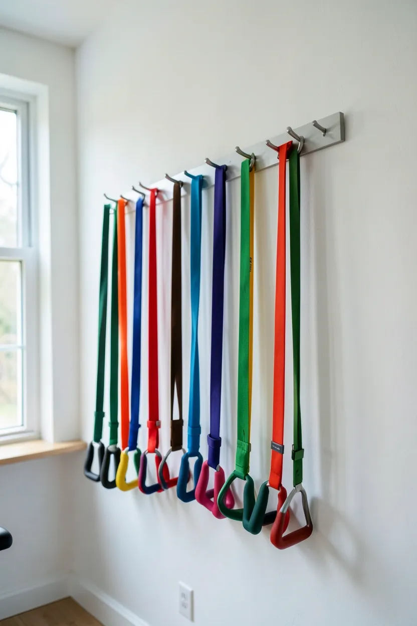 Color-coded resistance bands hanging from a simple wall-mounted hook system in a clean white home gym — organized small-space fitness setup for renters