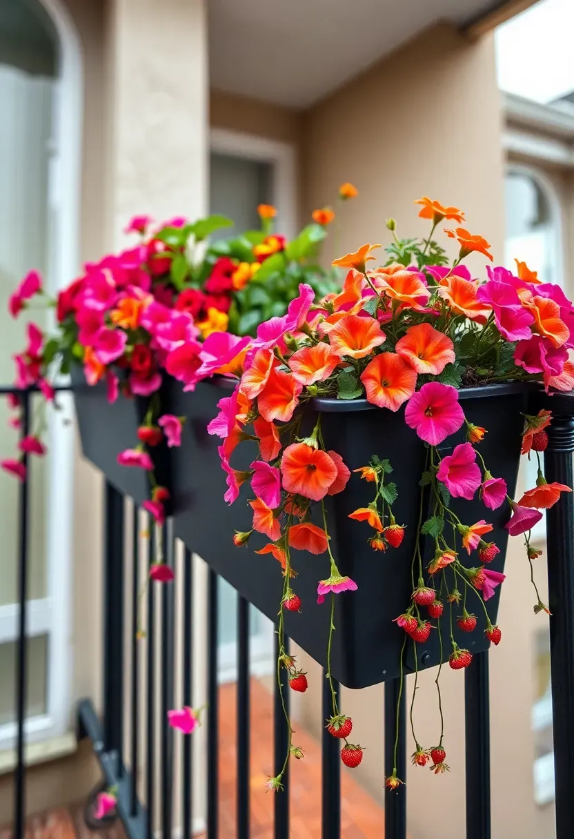Colorful railing planter boxes with trailing flowers and herbs mounted on an apartment patio railing