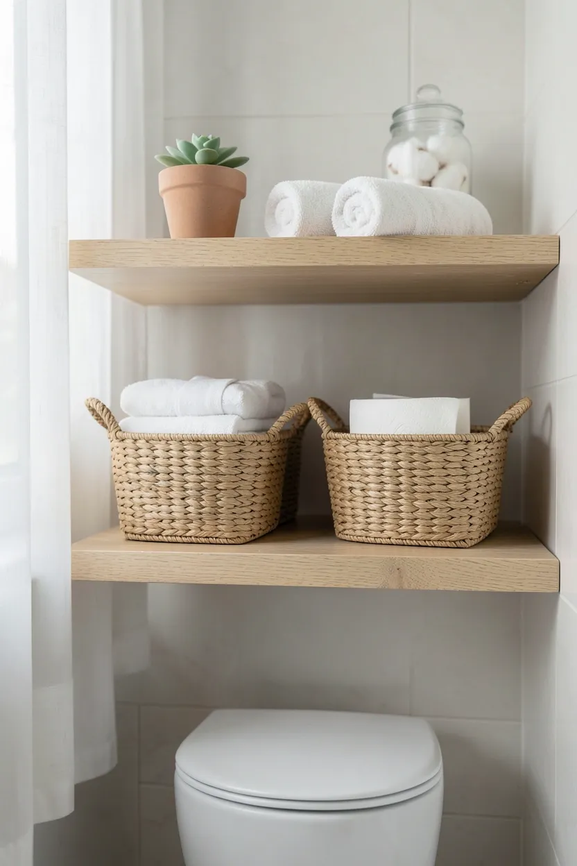 Open floating shelves above toilet in a small rental bathroom with woven seagrass baskets for storage