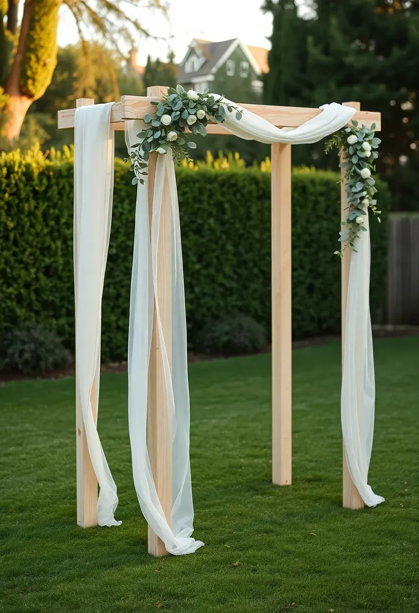 Simple wooden wedding arch with white sheer fabric draped across the top and eucalyptus branches woven along the sides, set on a green lawn