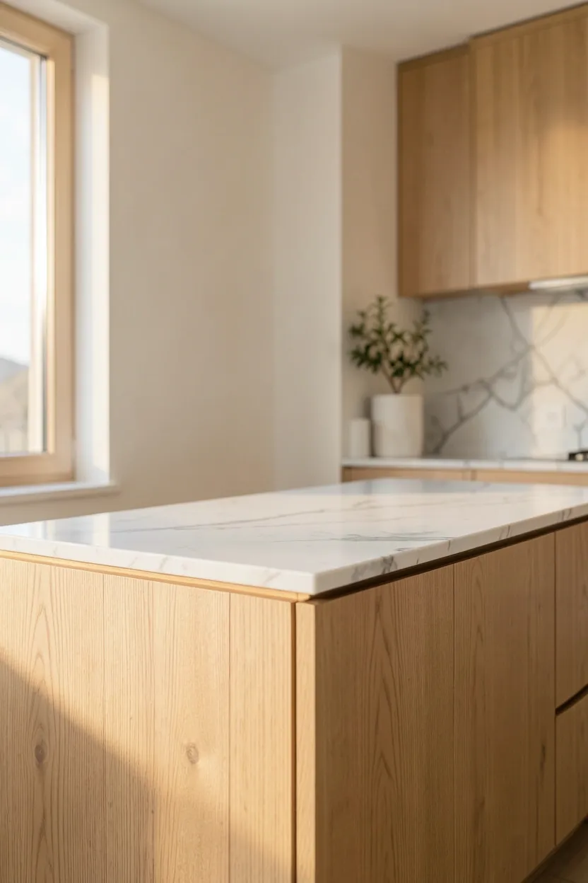 White marble kitchen island with subtle gray veining and dark wood base — natural stone focal point in a modern Scandinavian open-plan kitchen