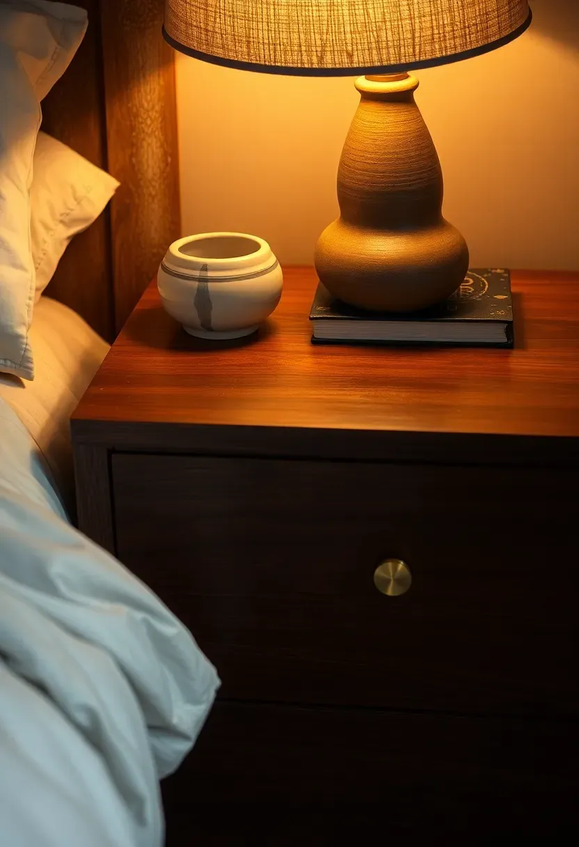 dark stained walnut nightstand with rounded edges brass pull and ceramic lamp in a moody bedroom