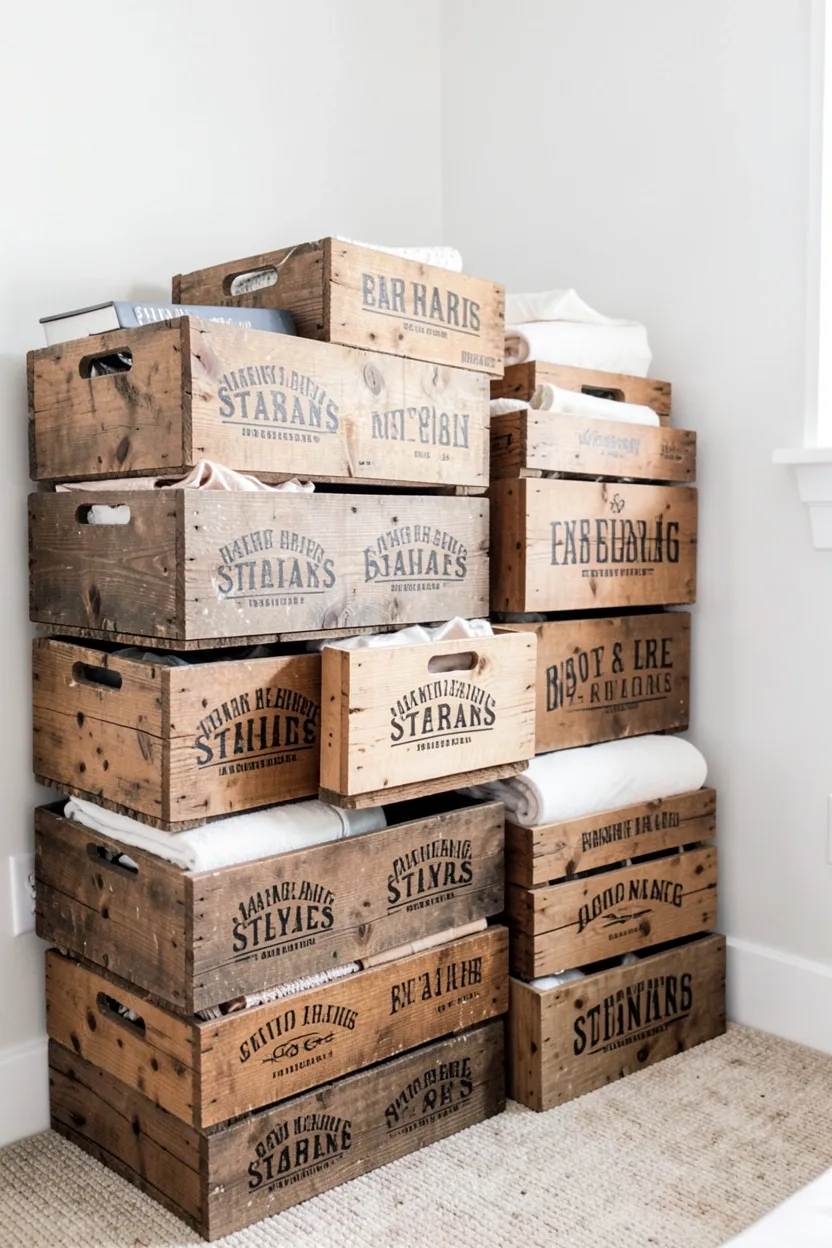 Stacked vintage wooden crates with branded stencils used as open storage beside a farmhouse bed in a rustic bedroom