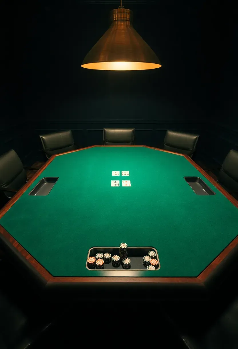 Poker and card room with green felt octagonal table, overhead pendant light, dark walls, built-in chip storage, and comfortable padded chairs