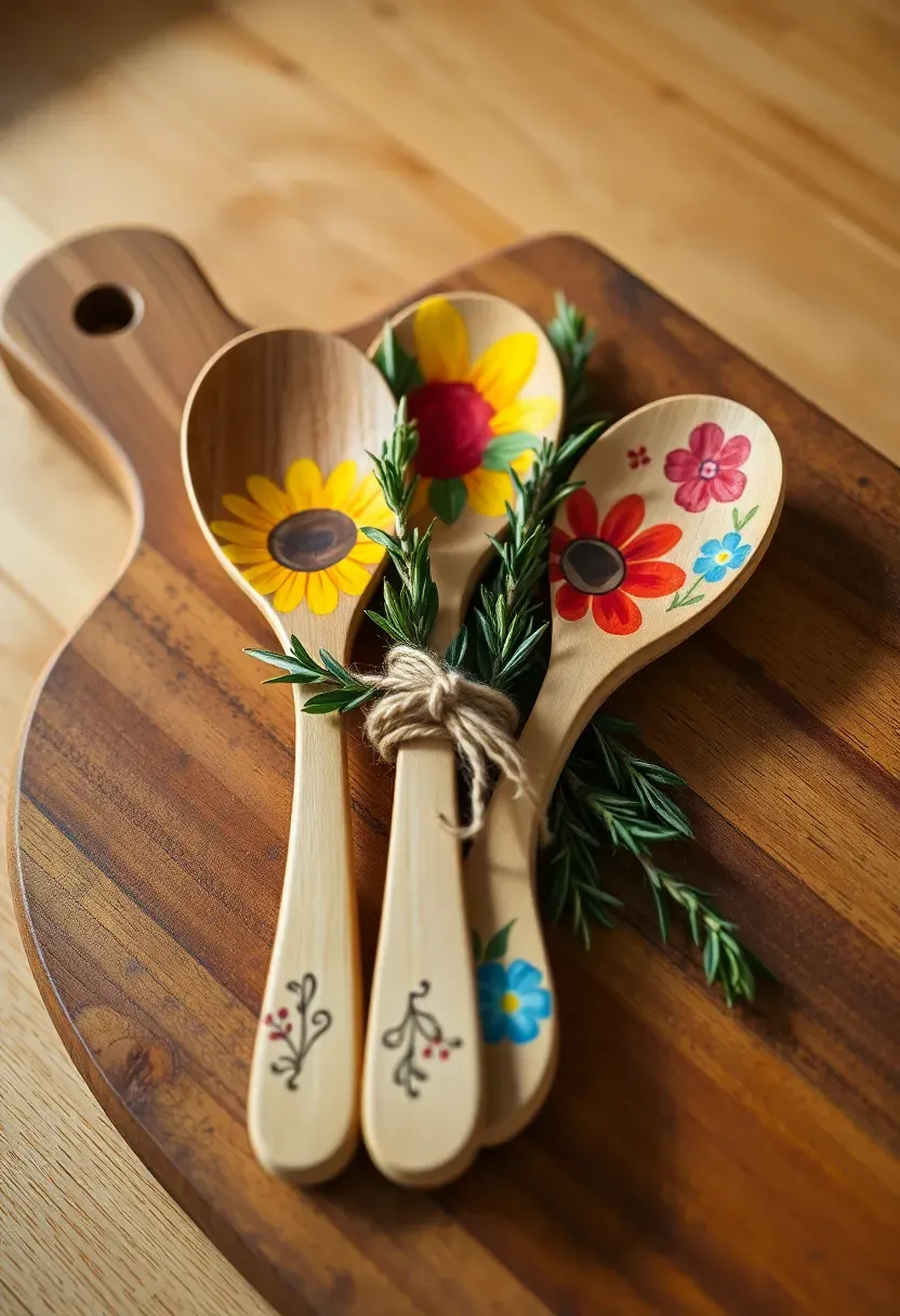 wooden cooking spoons with handles painted in bright floral designs and patterns