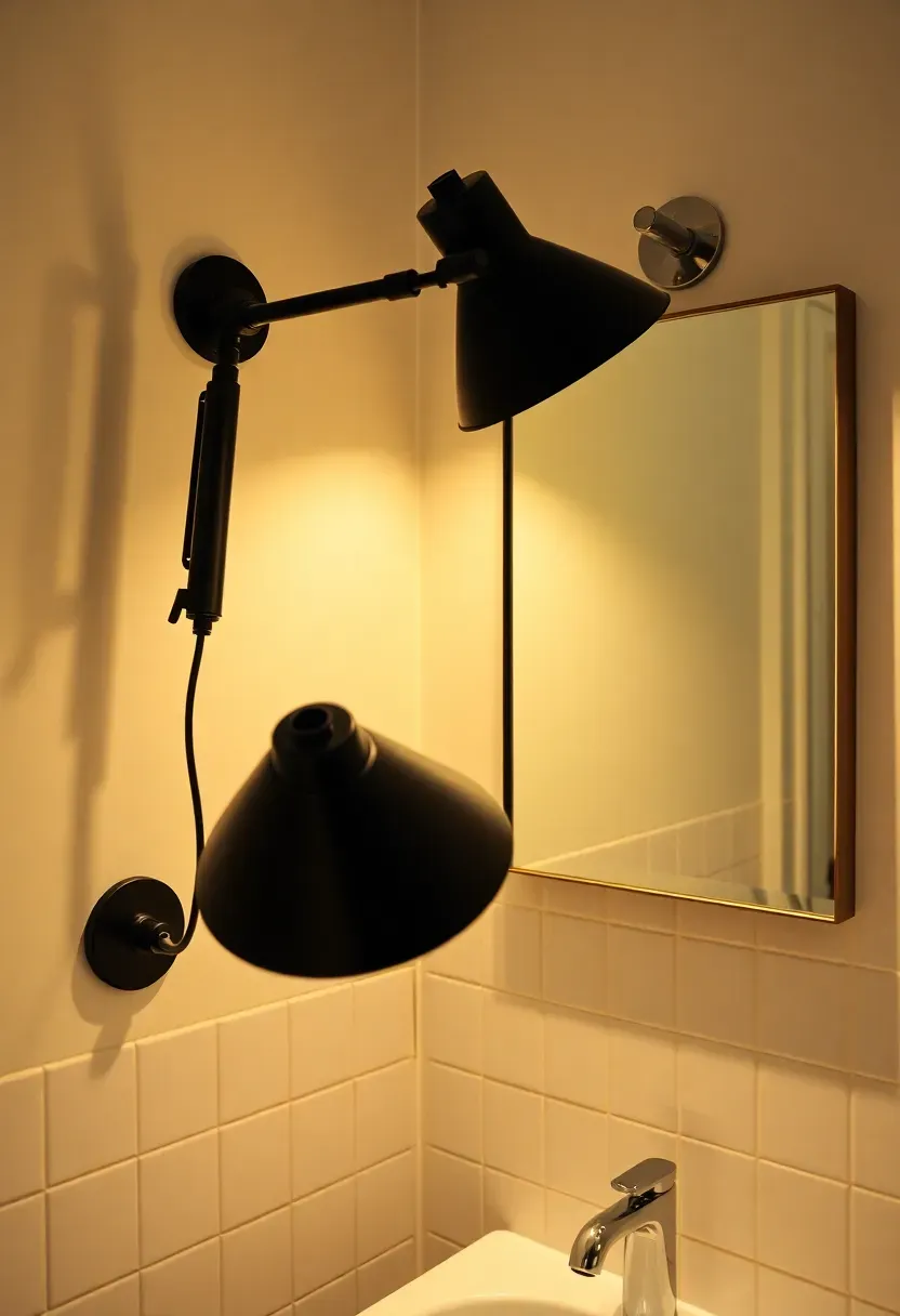 Articulated swing-arm wall lamp in matte black next to a small mirror in a studio apartment bathroom with limited counter space