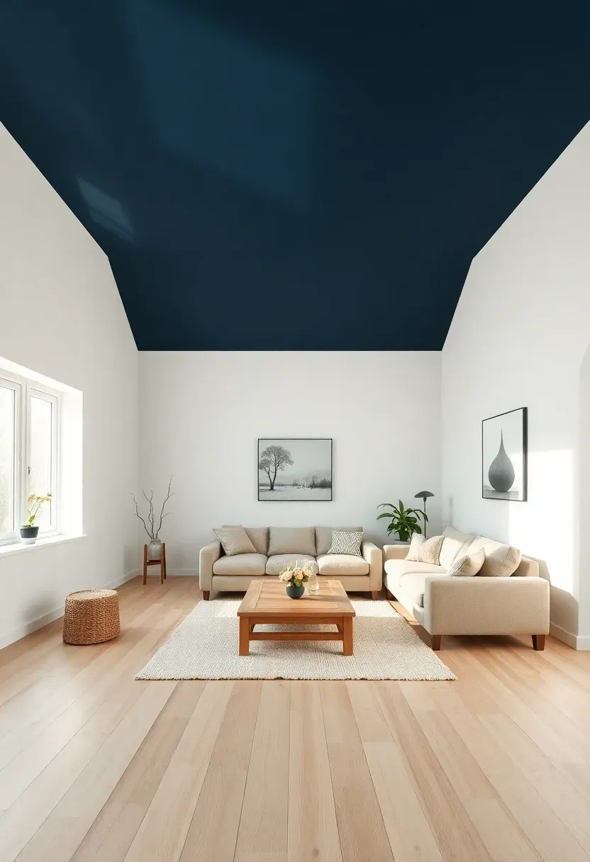 Hyper-realistic wide shot of minimalist living room with navy blue ceiling, white walls, light oak flooring, beige sofa, light oak coffee table, minimal decor. Materials: navy blue ceiling paint, crisp white walls, light oak plank flooring, beige linen sofa, cream wool rug. Soft natural daylight from windows, subtle shadows showing ceiling height and navy depth above, unique and enveloping atmosphere with 10-foot ceiling. Sharp contrast between navy ceiling and white walls, clean composition, no clutter, no text, no watermarks.</p>