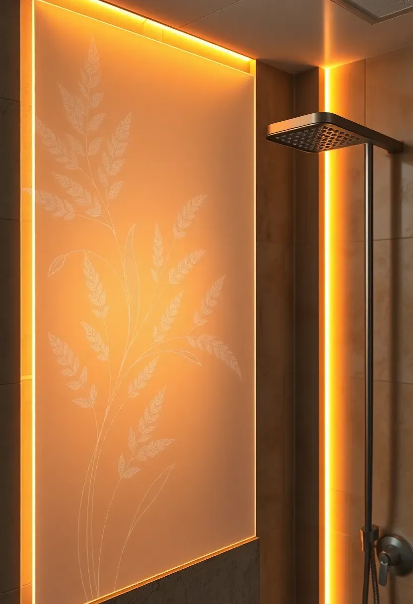 Frosted etched glass panel with abstract botanical design backlit by warm LED strip in a spa-like bathroom