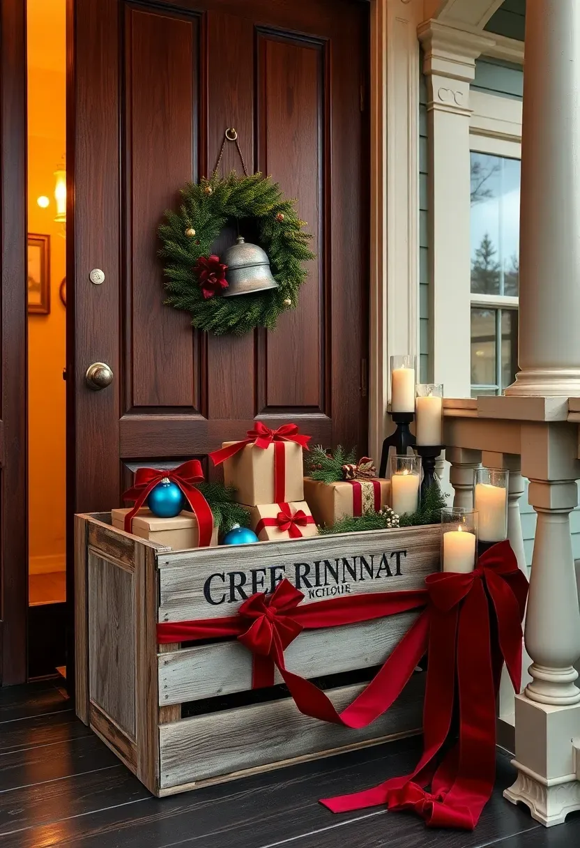 Hyper-realistic 3/4 view of a vintage-inspired front porch Christmas display. Materials: tarnished silver bell wreath on a dark wood front door, weathered wooden crate filled with wrapped gift boxes in kraft paper with red velvet ribbons, antique glass ornaments in blue and silver, battery-operated candle lamps in clear glass hurricanes, deep crimson and forest green velvet ribbons draped across railings. Warm amber interior lighting (2700K) spilling onto porch, dark wood flooring, Victorian-era house exterior with detailed trim. Nostalgic storybook mood like vintage Christmas postcards. Shallow depth of field, sharp details on tarnished silver and velvet textures, collected vignette composition. No text, no logos, no watermarks.</p>