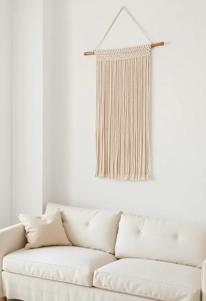 Single macrame wall hanging with generous negative space on a white wall in a small boho minimalist living room