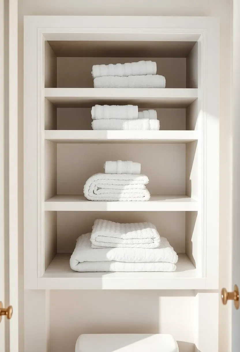 Recessed linen closet built into the bathroom wall between studs, shallow depth, with five painted shelves and small towels