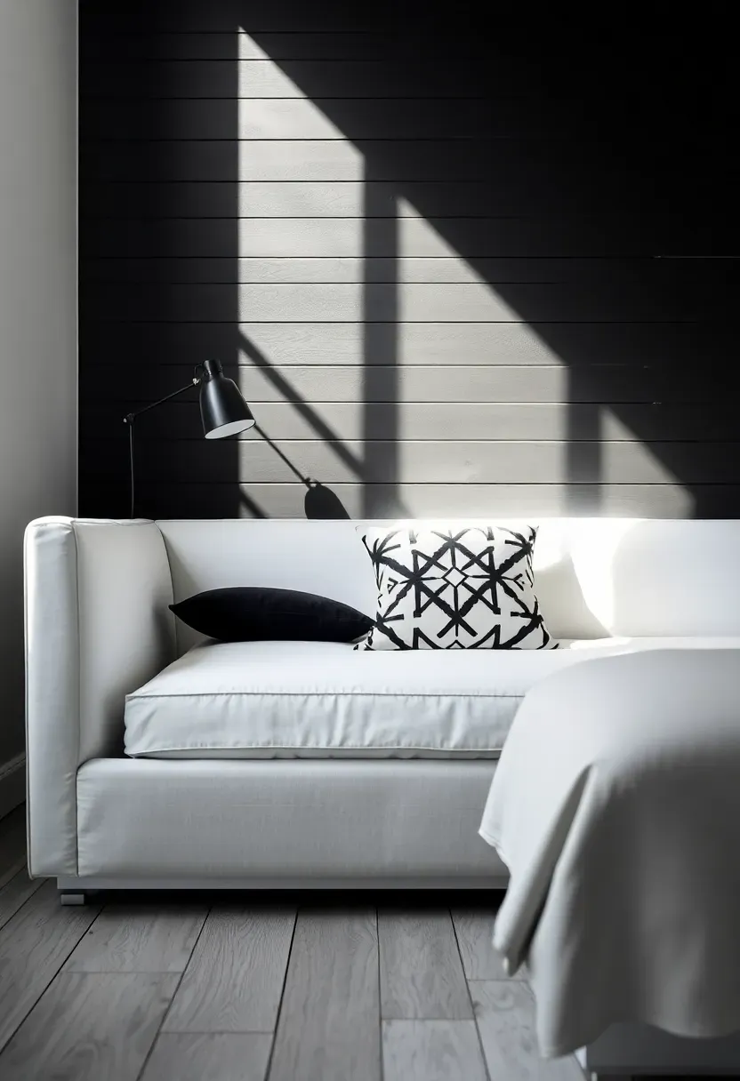 black and white masculine bedroom with painted shiplap accent wall and white platform bed