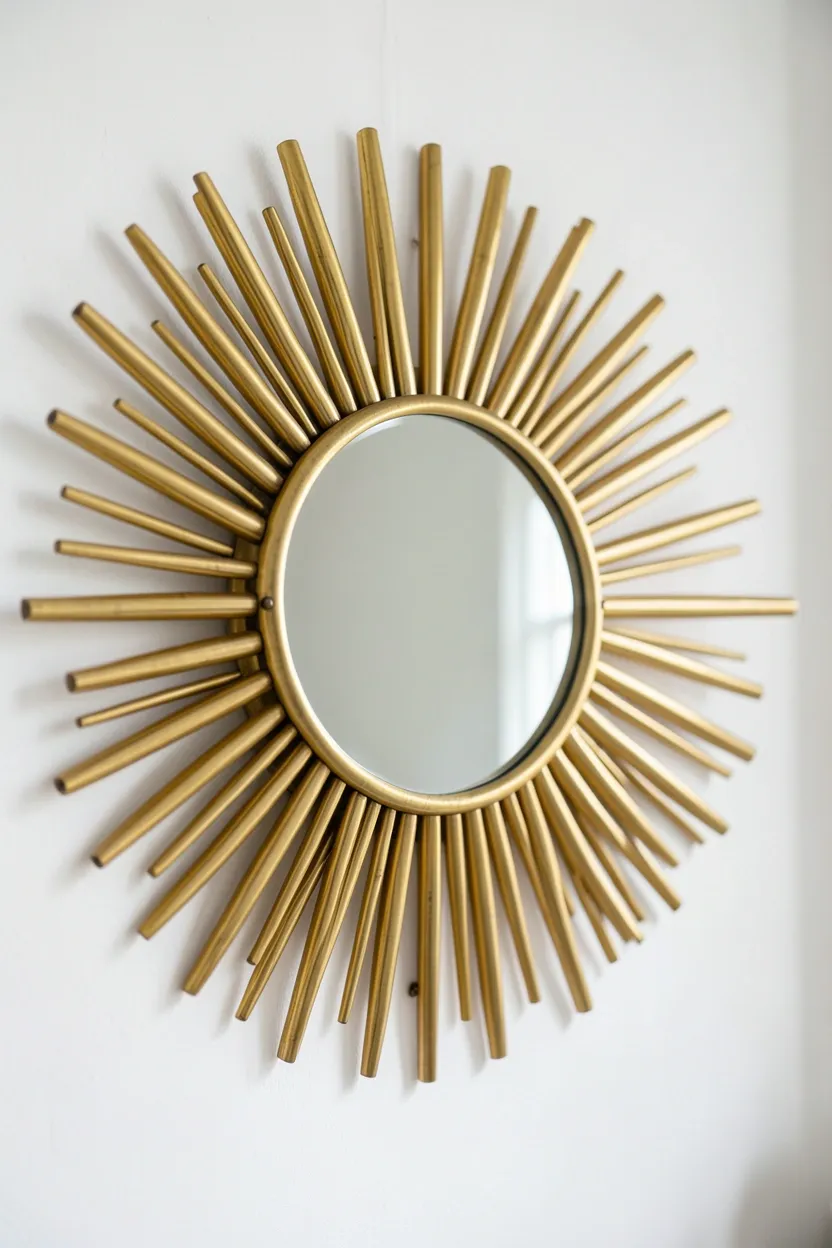 Retro sunburst mirror with brass rays mounted as a focal point above a console in a vintage Scandinavian living room