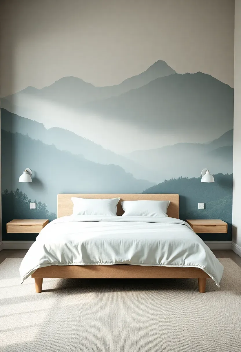 artistic bedroom with an oversized nature mural covering the entire accent wall behind the bed depicting misty mountain landscape in muted tones
