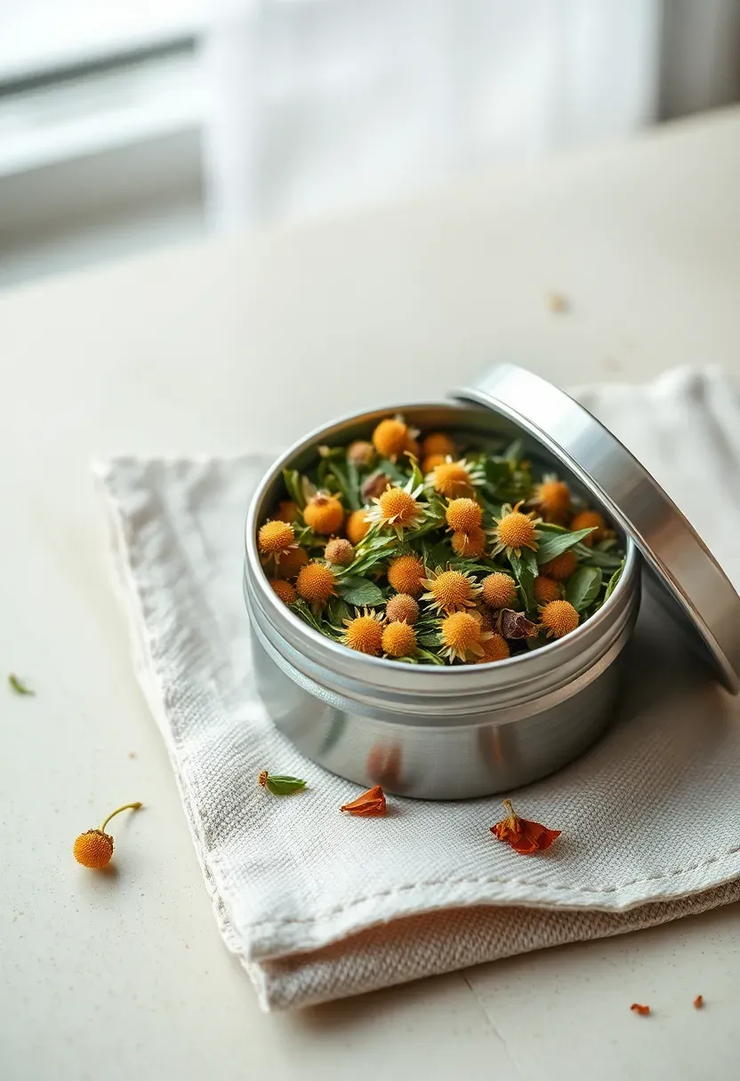 small round tin of loose-leaf tea with a custom label and dried flowers on a linen napkin
